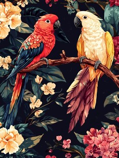 双鹦鹉栖于繁花枝头