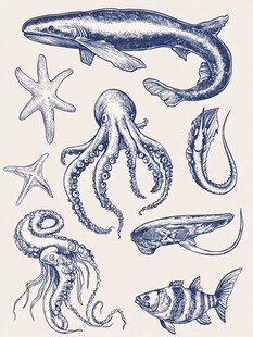 海洋生物手绘插画集合