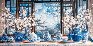 窗前蓝白瓷韵 繁花相伴