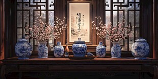 中式案几上的青花瓷器花瓶