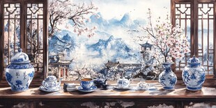 中式窗前蓝白瓷韵春景图