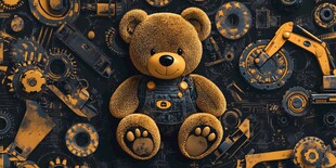 机械背景中的可爱泰迪熊