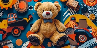 可爱泰迪熊与多彩玩具相伴