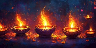 排排点亮的多彩传统油灯