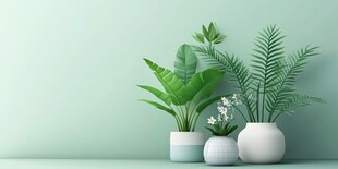 清新绿植摆设在浅绿背景下