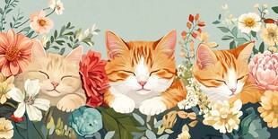 三只萌猫在花丛中安睡