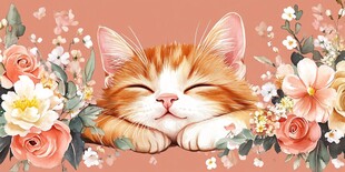 酣睡的橘猫与烂漫花卉