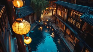 江南水乡夜景 灯笼映古巷