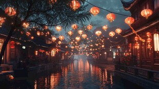 古巷灯影下的水乡夜色