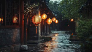江南雨夜古巷灯笼朦胧美