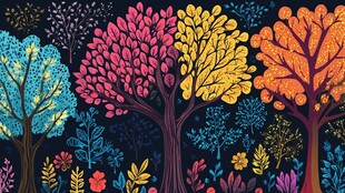 多彩树木插画 秋日梦幻风景