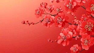 红梅绽放 喜庆红色背景图