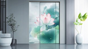 中式荷花艺术玻璃推拉门