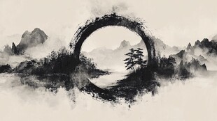 水墨山水间的空灵圆环