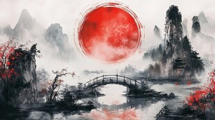 水墨山水间的红日桥景