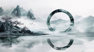 水墨山水间的空灵圆环