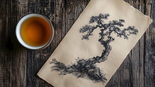 纸上墨松与茶韵悠悠