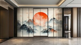 中式山水红日背景墙装饰