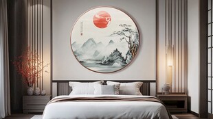 中式卧室 圆形山水挂画添雅韵