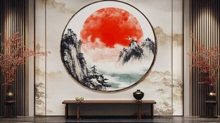 中式客厅中的巨幅山水挂画