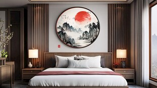 中式卧室 圆形山水挂画添雅致