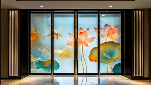 中式荷花锦鲤玻璃门装饰