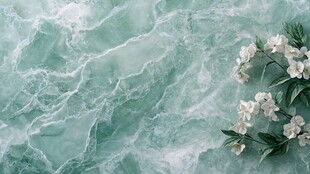 绿玉纹理旁的素雅白花