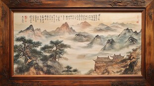 中式山水古建挂画
