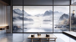 中式茶室中的山水意境画面