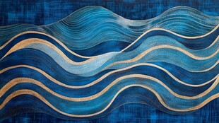 蓝色金纹海浪抽象艺术画