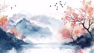 秋日山水飞鸟诗意画卷