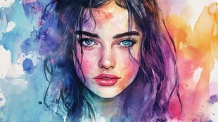 水彩绘梦幻长发女子肖像