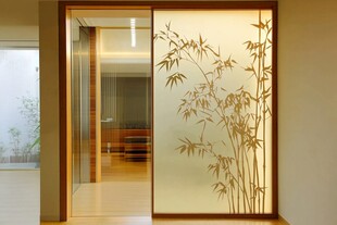 中式竹纹玻璃推拉门设计