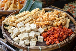 多样干货摆放在竹制托盘上