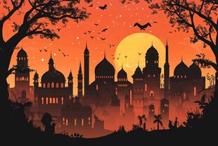 黄昏下的神秘伊斯兰建筑剪影