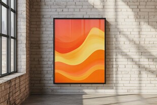 橙黄波浪挂画于砖墙空间