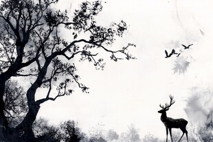 林野间的鹿与飞鸟剪影