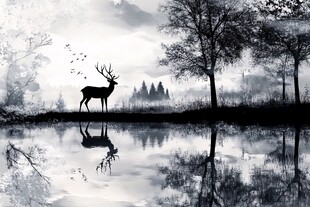 水墨风湖畔鹿影