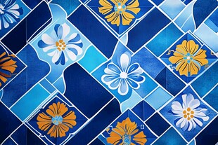 蓝底花卉瓷砖图案