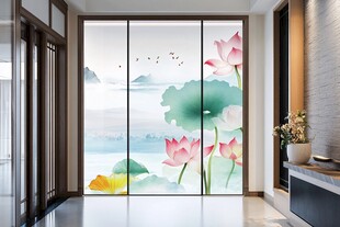 中式水墨荷花移门装饰画