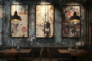 工业风墙面装饰与桌椅灯具
