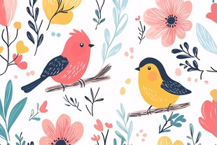 花鸟插画 双鸟栖于繁花间