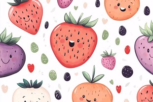 可爱笑脸草莓水果无缝图案