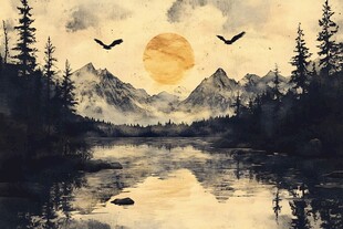 日暮山林湖景