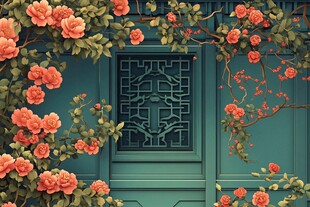 中式门窗旁的烂漫月季花