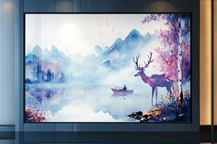 梦幻山水间的鹿与泛舟人