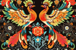 双凤花卉图案精美刺绣风