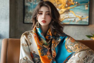 优雅女士披戴绚丽花纹丝巾