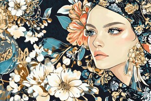 花卉环绕的优雅女子画像