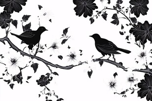 黑白花鸟图 双鸟栖于花枝间